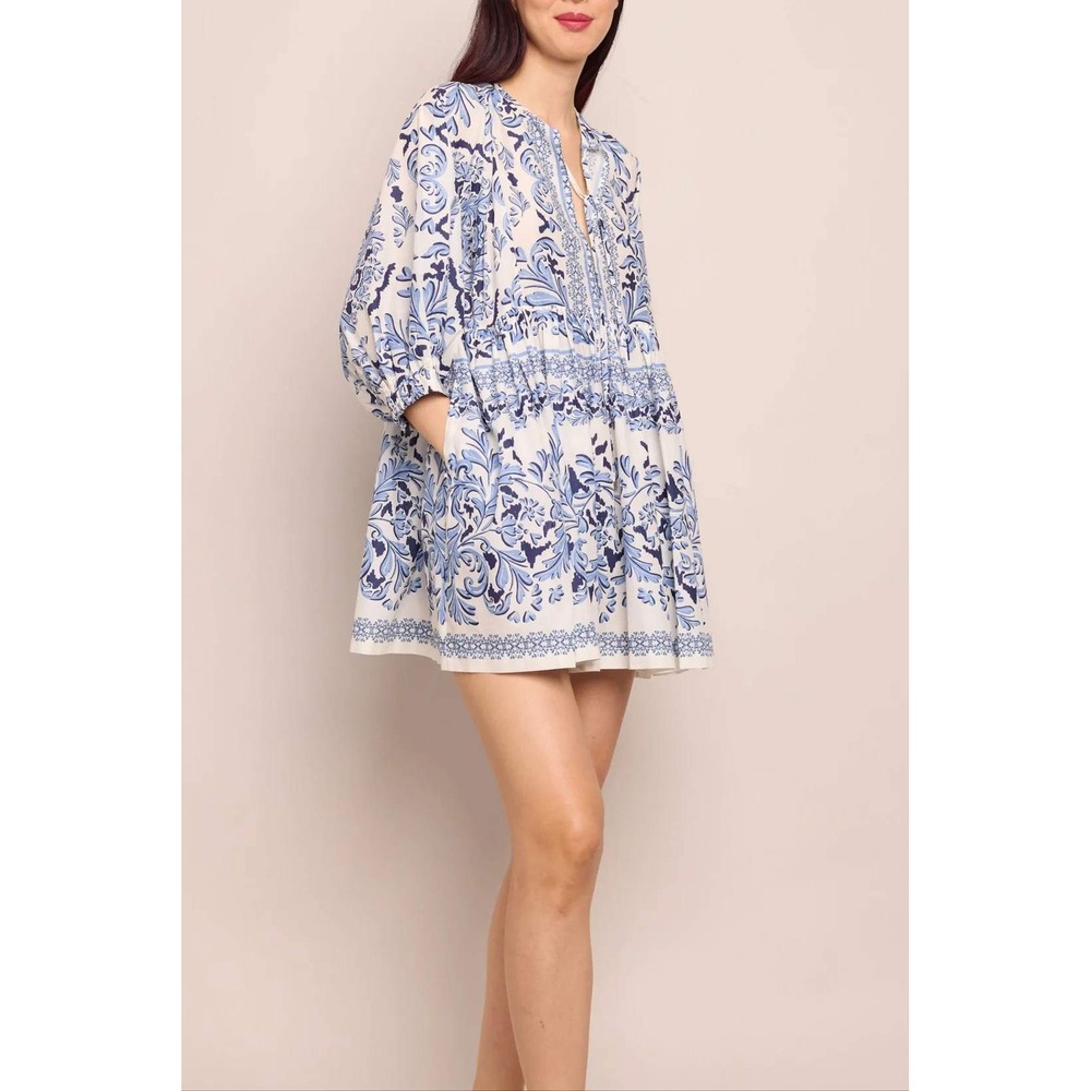 Cara Cara Jude Mini Dress Saltaire Light Blue Cotton Floral Puff Sleeve Small